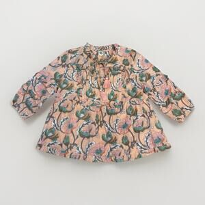 Ivy Jane Tan Pink Block Print Embroidered V-Neck Cotton Blouse Small MSRP $110